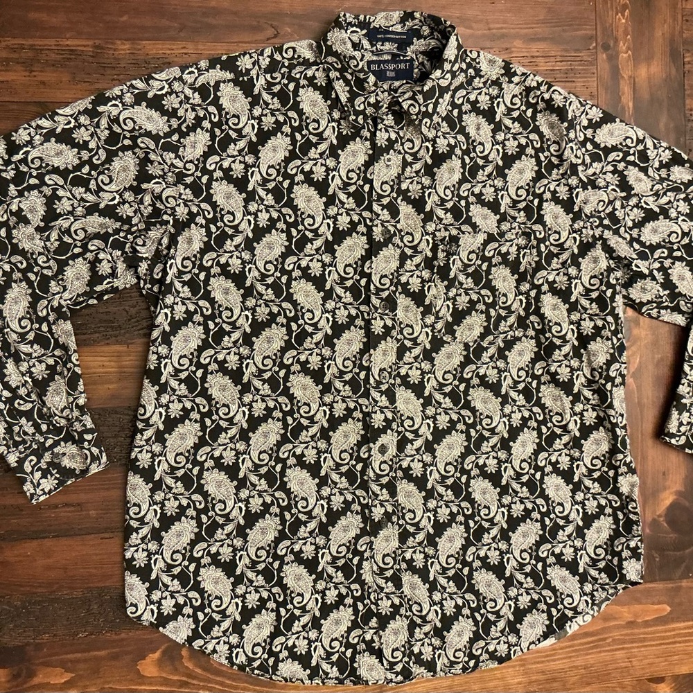 Vintage Bill Blass Black White Paisley Button Down Shirt Size Large 90s Retro